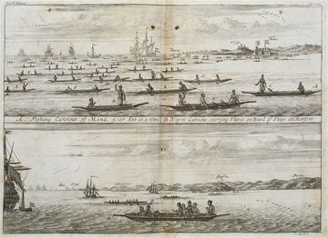 “A. Fishing cannoes of Mina 5 or 600 at a time | B. Negro’s cannoes, carrying slaves on board of ships att Manfroe”