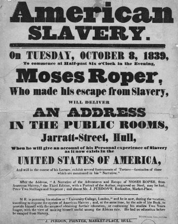 Flyer advertising a speech by runaway Moses Roper