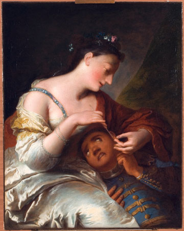 Painting of young lady piercing the ear of her black servant